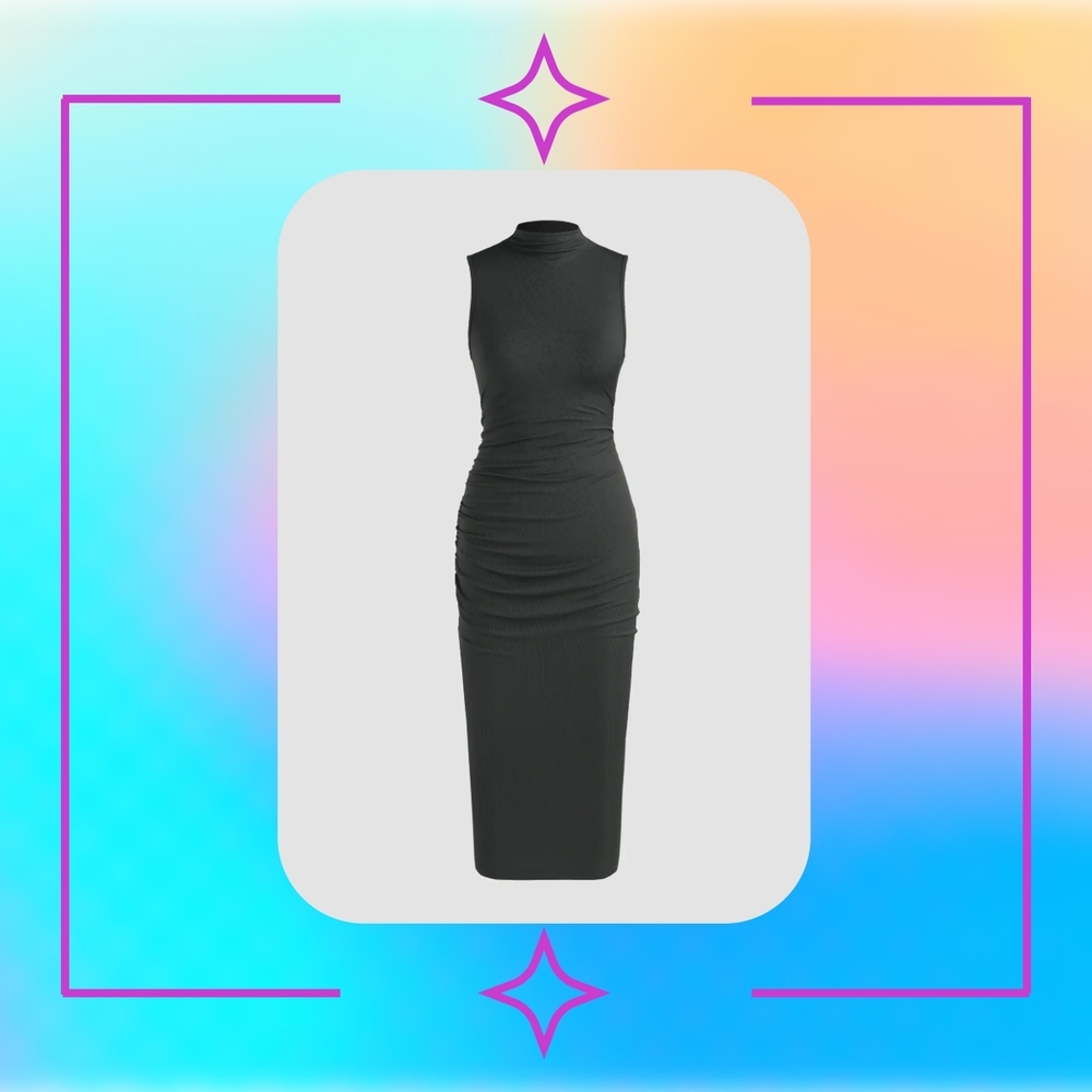 High Neck Ruched Midi Dress